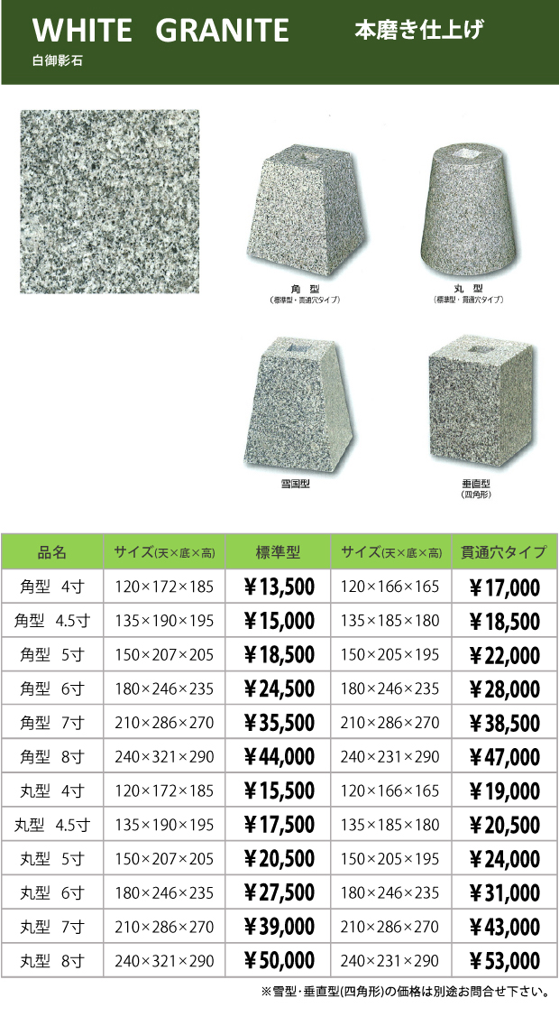 束石・塚石 603柱石角型（標準型）本磨き仕上げW-45 天端4.5寸 寸法（天×底×高）135×190×195mm - 1